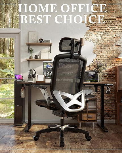 GABRYLLY Ergonomic Office Mesh Chair, High-Back Desk Chair with Sliding Seat, Adjustable Flip-up Armrest & 2D Headrest, 4-Gear Tilt Function, Swivel Computer Gaming Chair for Man Woman - LeafyLoom