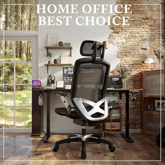GABRYLLY Ergonomic Office Mesh Chair, High-Back Desk Chair with Sliding Seat, Adjustable Flip-up Armrest & 2D Headrest, 4-Gear Tilt Function, Swivel Computer Gaming Chair for Man Woman - LeafyLoom