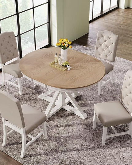 NicBex Kitchen Table Set Dining Room Table Set for 4 Retro Style Dining Table Set with Extendable Table and 4 Upholstered Chairs for Dining Room and Living Room, Oak Natural Wood + Off White - LeafyLoom