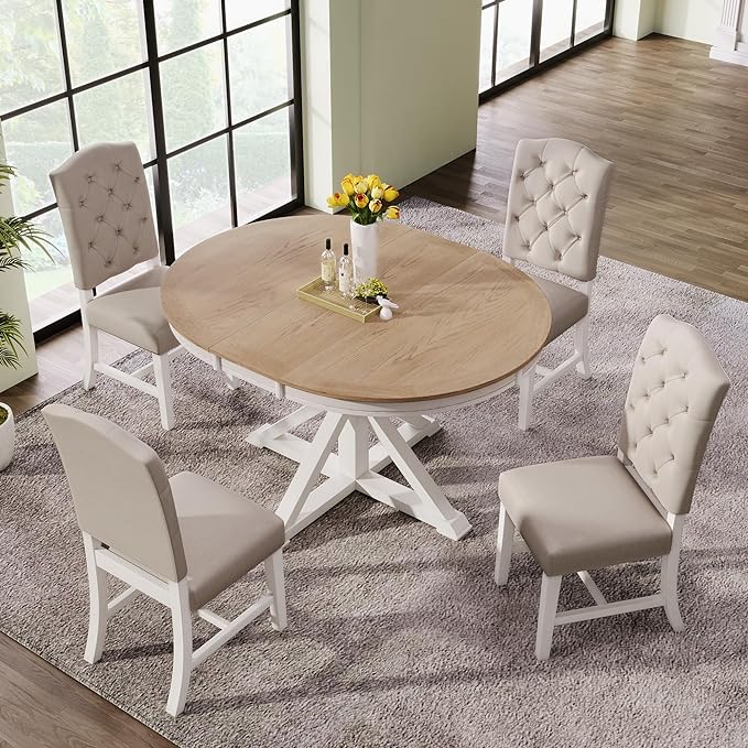 NicBex Kitchen Table Set Dining Room Table Set for 4 Retro Style Dining Table Set with Extendable Table and 4 Upholstered Chairs for Dining Room and Living Room, Oak Natural Wood + Off White - LeafyLoom