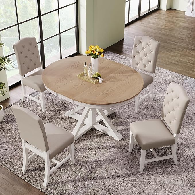 Kitchen Functional Furniture Retro Style Set with Extendable Table and 4 Upholstered Chairs for Dining Living Room, Oak Natural Wood + Off White, 5 - LeafyLoom