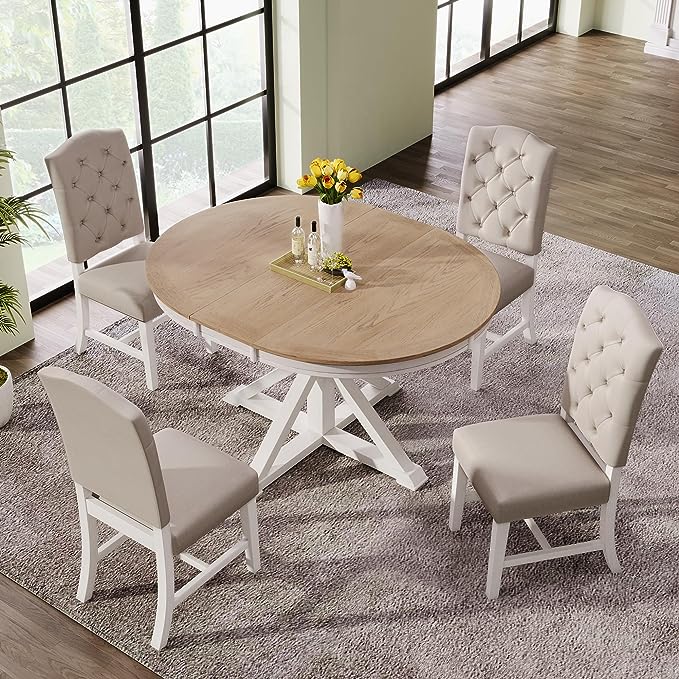 5-Piece Retro Round Dining Set with Extendable Table and 4 Upholstered Chairs for Kitchen, Breakfast Nook, Living Room, Oak Natural Wood + Off White, 42"-54" L x 42" W x 30" H - LeafyLoom
