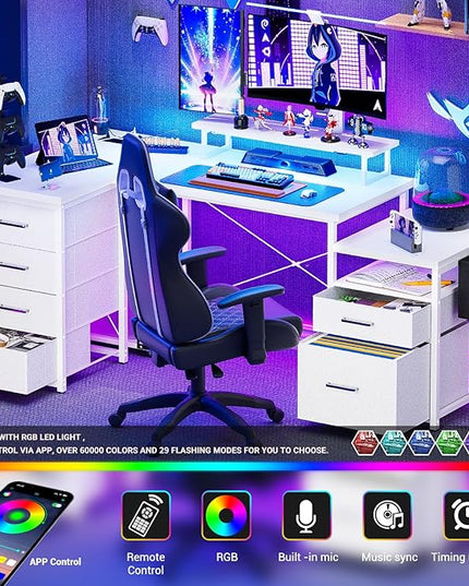 Unikito 70.8" Reversible L Shaped Computer Desk with Fabric File Drawers, Corner Desk with RGB LED Lights & Power Outlets & Monitor Stand, Large Gaming Desk for Home Office Workstation, White - LeafyLoom