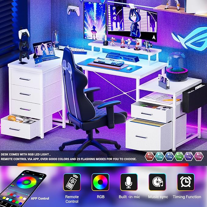 Unikito 70.8" Reversible L Shaped Computer Desk with Fabric File Drawers, Corner Desk with RGB LED Lights & Power Outlets & Monitor Stand, Large Gaming Desk for Home Office Workstation, White - LeafyLoom
