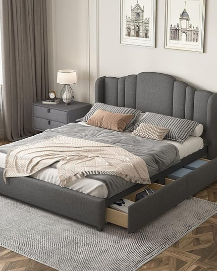 Queen Size Bed Frame with 4 Storage Drawers & Headboard Linen Upholstered Platform Bed Frame Wingback Beds with Sturdy Wooden Slats Support, Easy Assembly, Noise-Free - LeafyLoom