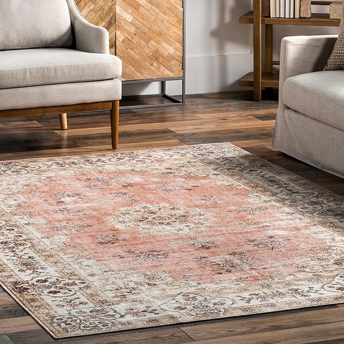 nuLOOM Ren Vintage Floral Machine Washable Ultra Thin Area Rug, 8x10, Peach - LeafyLoom