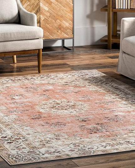 nuLOOM Ren Vintage Floral Machine Washable Ultra Thin Area Rug, 6x9, Peach - LeafyLoom