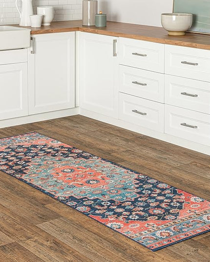 nuLOOM Francis Persian Medallion Machine Washable Ultra Thin Runner Rug, 2' 6" x 8', Blue - LeafyLoom