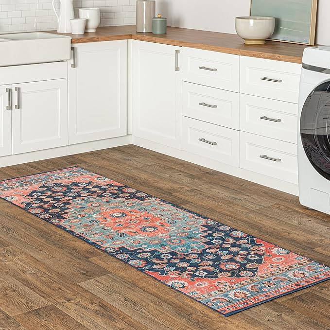 nuLOOM Francis Persian Medallion Machine Washable Ultra Thin Runner Rug, 2' 6" x 8', Blue - LeafyLoom