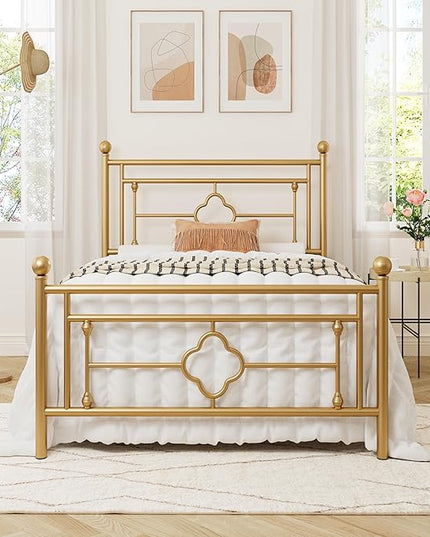 Allewie Twin Size Metal Platform Bed Frame with Victorian Vintage Headboard and Footboard/Mattress Foundation/Under Bed Storage/No Box Spring Needed/Noise-Free/Easy Assembly, Gold - LeafyLoom
