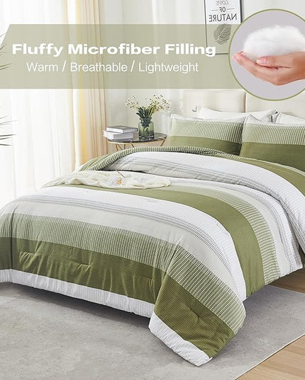 Litanika Olive Green Comforter Set Full - 3 Pieces Lightweight Olive Green White Colorblock Stripe Fluffy Bedding Comforter Sets, All Season Bed Set - LeafyLoom