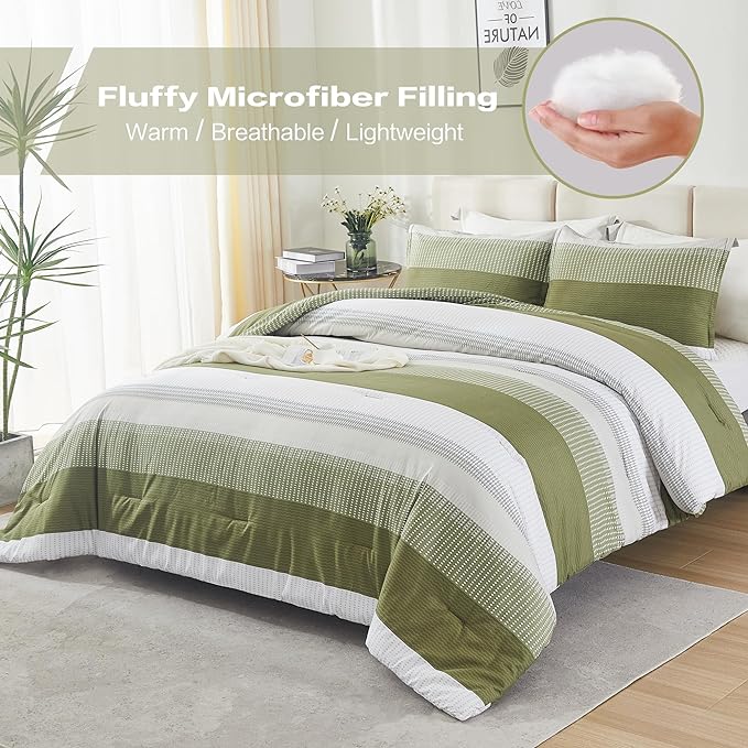 Litanika Olive Green Comforter Set King - 3 Pieces Lightweight Olive Green White Colorblock Stripe Fluffy Bedding Comforter Sets, All Season Bed Set - LeafyLoom
