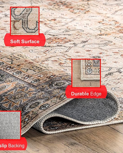 nuLOOM Annelle Floral Border Machine Washable Ultra Thin Area Rug, 8' x 10', Beige - LeafyLoom