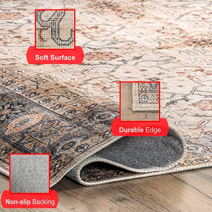 nuLOOM Annelle Floral Border Machine Washable Ultra Thin Area Rug, 8' x 10', Beige - LeafyLoom