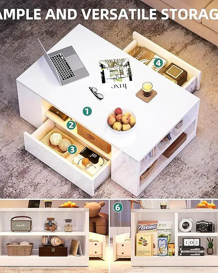 YITAHOME Modern Coffee Tables for Living Room, High Gloss LED Coffee Table, Storage Coffee Table, Small Coffee Table, Wood Center Table with 2 Sliding Drawers and Open Side Shelf,White - LeafyLoom