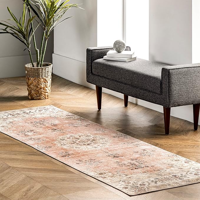 nuLOOM Ren Vintage Floral Machine Washable Ultra Thin Runner Rug, 2' 6" x 12', Peach - LeafyLoom