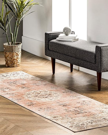 nuLOOM Ren Vintage Floral Machine Washable Ultra Thin Runner Rug, 2' 6" x 8', Peach - LeafyLoom