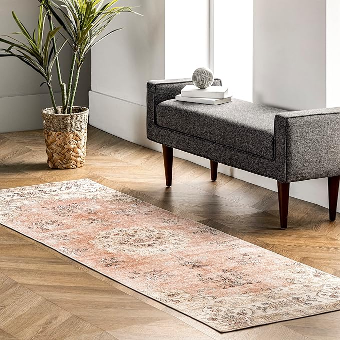 nuLOOM Ren Vintage Floral Machine Washable Ultra Thin Runner Rug, 2' 6" x 8', Peach - LeafyLoom