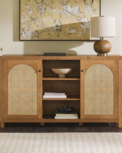 Walker Edison Boho Arched Rattan 2-Door Sideboard, 58 Inch, English Oak - LeafyLoom