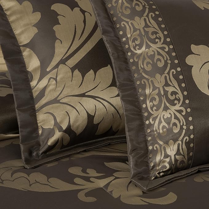 Chezmoi Collection Royale 7-Piece Jacquard Floral Comforter Set, Oversized Queen, Coffee/Gold - LeafyLoom