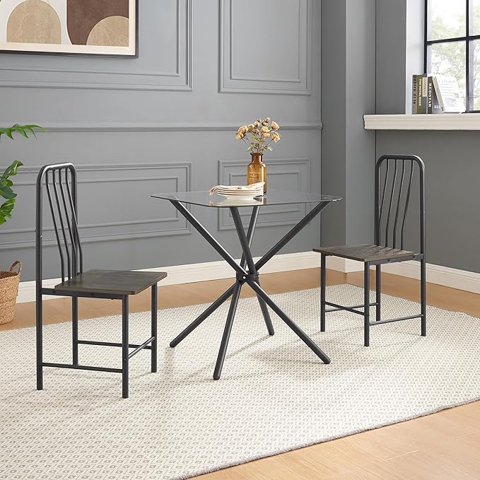 NicBex Small Dining Table for 2 Kitchen Table and Chairs Square Glass Tempered Dining Table with 4 Legs and 2 Metal Chair for Home Office Kitchen Dining Room, Antique Brown - LeafyLoom