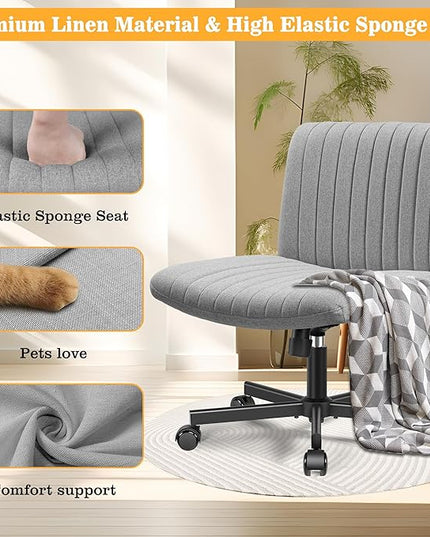 Armless Office Chair with Wheels, Ergonomic Wide Seat Fabric Cross Legged Desk Chair, Swivel Computer Chair for Home Office, Modern Vanity Chair Light Gray - LeafyLoom