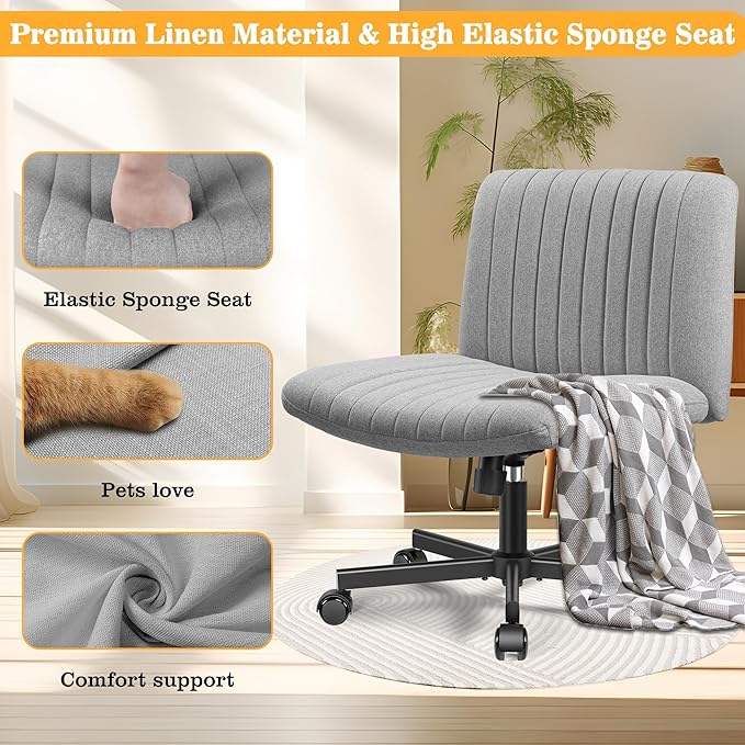 Armless Office Chair with Wheels, Ergonomic Wide Seat Fabric Cross Legged Desk Chair, Swivel Computer Chair for Home Office, Modern Vanity Chair Light Gray - LeafyLoom