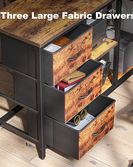 Treesland L Shaped Desk with Drawers, Computer Desk with Storage & Shelves, Corner Desk with Storage, Home Office Desks with Drawers, L Shape Desks with Storage, Brown - LeafyLoom