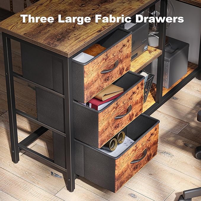 Treesland L Shaped Desk with Drawers, Computer Desk with Storage & Shelves, Corner Desk with Storage, Home Office Desks with Drawers, L Shape Desks with Storage, Brown - LeafyLoom