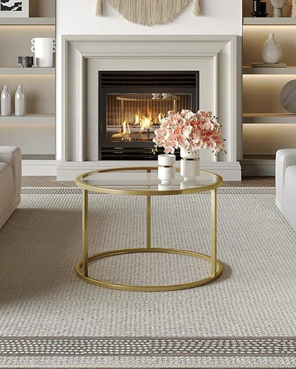 SAYGOER Small Glass Coffee Table Round Gold Coffee Table for Small Space Modern Simple Center Table with Gold Frame for Living Room Home Office, Easy Assembly - LeafyLoom