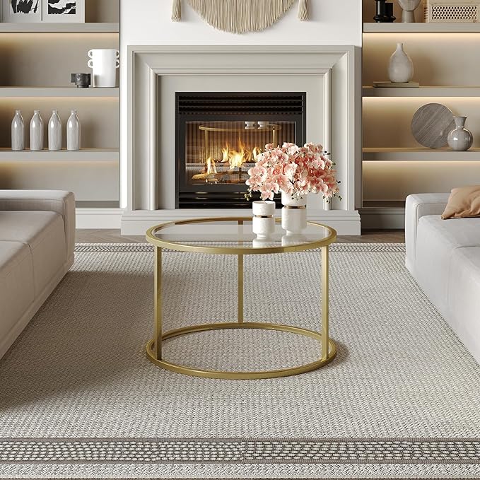 SAYGOER Small Glass Coffee Table Round Gold Coffee Table for Small Space Modern Simple Center Table with Gold Frame for Living Room Home Office, Easy Assembly - LeafyLoom