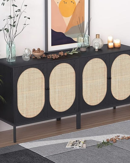 XIAO WEI Sideboard Cabinet with Handmade Natural Rattan Doors, Rattan Cabinet Accent Buffet Cabinet Console Table, for Living Room Dining Room Hallway kitchen-2 Pieces(Black Oval) - LeafyLoom