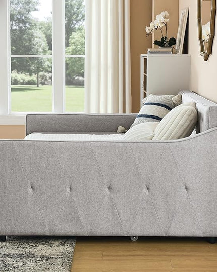 Full Size Daybed with win Size Trundle, Upholstered Tufted Day Bed, with Button Back and Waved Shape Arms, Wood Slat Support, No Spring Box Need, for Bedroom, Livingroom, Beige - LeafyLoom