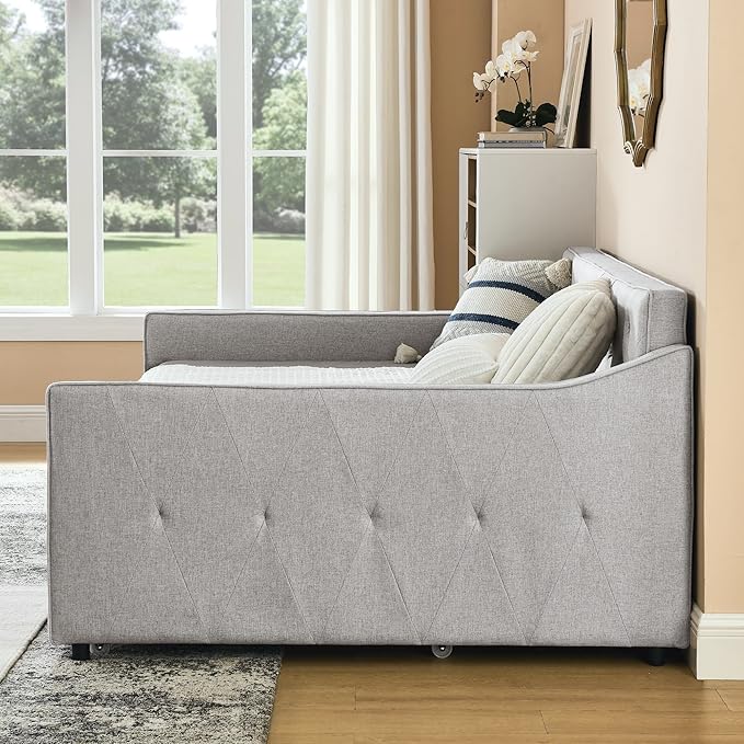 Full Size Daybed with win Size Trundle, Upholstered Tufted Day Bed, with Button Back and Waved Shape Arms, Wood Slat Support, No Spring Box Need, for Bedroom, Livingroom, Beige - LeafyLoom