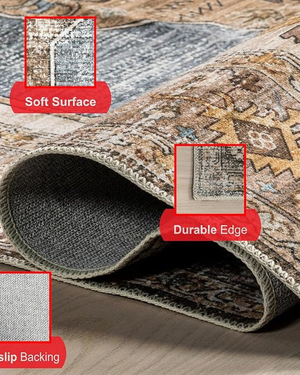 nuLOOM Gracie Distressed Medallion Machine Washable Ultra Thin Area Rug, 5x8, Blue - LeafyLoom