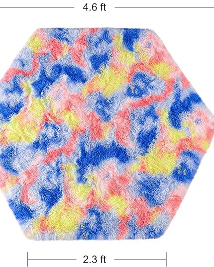 junovo Ultra Soft Hexagon Rug Fluffy Rainbow Nursery Rug for Princess Tent Kids Play Castle, Furry Hexagonal Carpet for Kids Girls Room Playhouse Classroom Dorm Home Decor, 4.6ft Tie-Dye Orange-Red - LeafyLoom