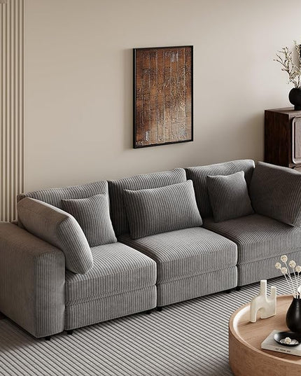 Morden Soft Corduroy Upholstered 3 Seater Sofa Couch with Removable Back Cushions and 5 Pillows for Living Room, Apartment, Office, 105", Gray-403 - LeafyLoom