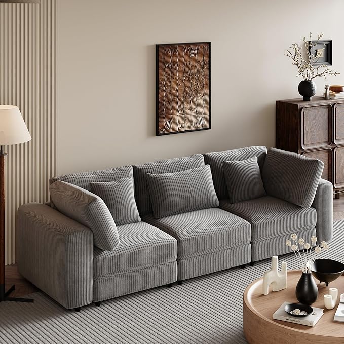 Morden Soft Corduroy Upholstered 3 Seater Sofa Couch with Removable Back Cushions and 5 Pillows for Living Room, Apartment, Office, 105", Gray-403 - LeafyLoom