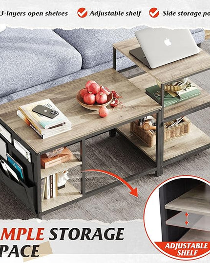 WLIVE Coffee Table for Living Room, Adjustable Coffee Table Set of 2 with End Table, Small Industrial Coffee Table with Side Table, Metal Frame and Wood Desktop, Greige - LeafyLoom