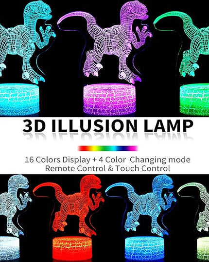 Dinosaur Night Light, 16 Colors 3D Desk Lamp Remote Control Dinosaur Toys for Kids Age 2 3 4 5 6 7 8-12 Year Old Boys Room Bedside Decor Christmas Birthday Gifts - LeafyLoom