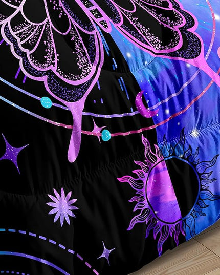 Butterfly Comforter - Butterfly Bed Set - Boho Butterfly Sun and Moon Printed Bedding Sets, Queen Size Comforter Set for Girls, Black Blue Butterfly Comforter Set Queen with 2 Pillowcases - LeafyLoom