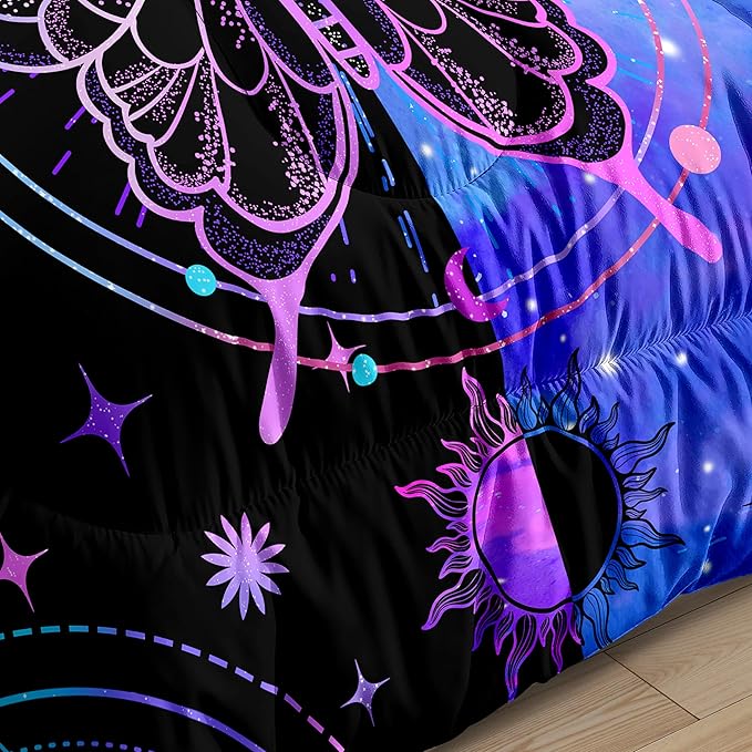 Butterfly Comforter - Butterfly Bed Set - Boho Butterfly Sun and Moon Printed Bedding Sets, Queen Size Comforter Set for Girls, Black Blue Butterfly Comforter Set Queen with 2 Pillowcases - LeafyLoom