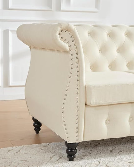Tbfit Chesterfield Sofa with Rolled Arms, Classic Button Tufted 3 Seater Couch with Nailhead Trim, Upholstered Chesterfield Couches with Gourd Wooden Legs, Linen Sofas for Living Room, Bedroom, Beige - LeafyLoom