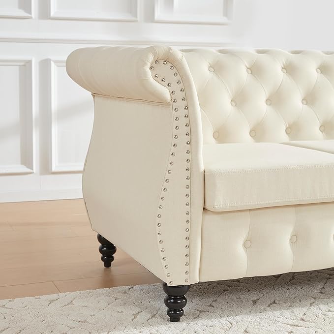Tbfit Chesterfield Sofa with Rolled Arms, Classic Button Tufted 3 Seater Couch with Nailhead Trim, Upholstered Chesterfield Couches with Gourd Wooden Legs, Linen Sofas for Living Room, Bedroom, Beige - LeafyLoom