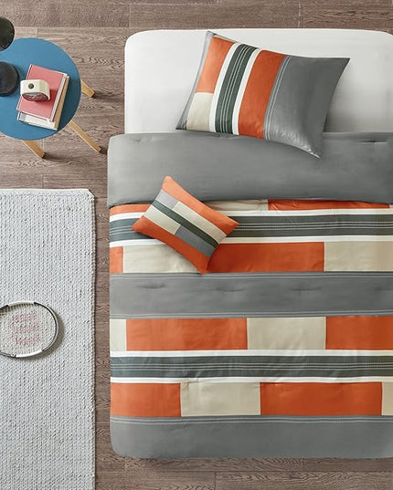 Comfort Spaces Casual Comforter Set Sporty Design, Vibrant Color, Active Lifestyle Boys Bedroom Décor, All Season Soft Microfiber Bedding Set, Decorative Pillow, Sham Grey/Orange Twin/Twin XL 3 Piece - LeafyLoom
