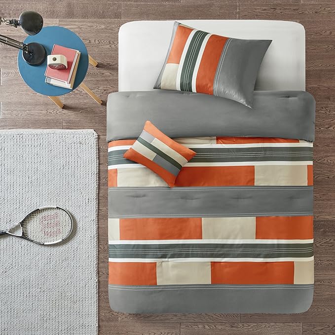 Comfort Spaces Casual Comforter Set Sporty Design, Vibrant Color, Active Lifestyle Boys Bedroom Décor, All Season Soft Microfiber Bedding Set, Decorative Pillow, Sham Grey/Orange Queen 4 Piece - LeafyLoom