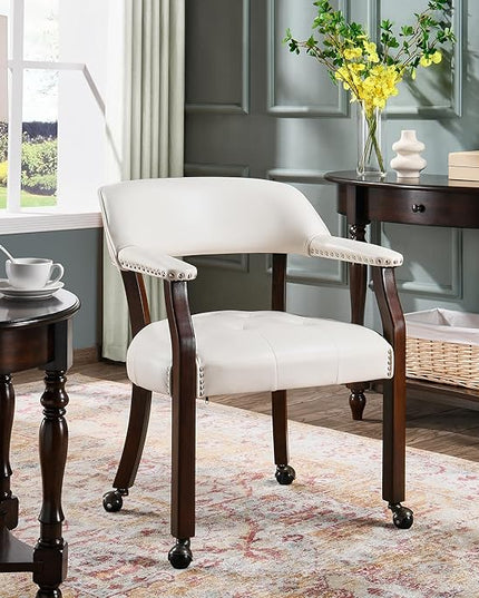 Large Dining Chairs with Casters and Arms, Rolling Dining Chairs with Wheels, Accent Game Poker Chairs, Wood Boss Caption's Chairs, 26“Dx25.2 Wx31.5“H, Cherry Legs & Ivory PU, SY-1533-WT - LeafyLoom