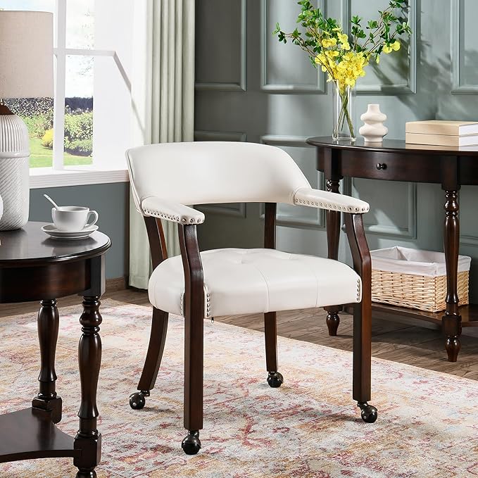 Large Dining Chairs with Casters and Arms, Rolling Dining Chairs with Wheels, Accent Game Poker Chairs, Wood Boss Caption's Chairs, 26“Dx25.2 Wx31.5“H, Cherry Legs & Ivory PU, SY-1533-WT - LeafyLoom