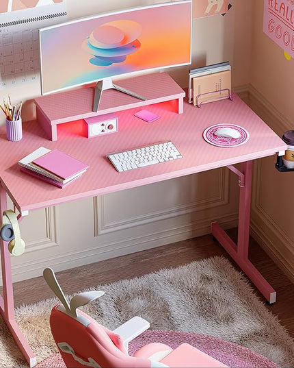 Bestier Small Gaming Desk with Monitor Stand, 42 inch LED Computer Desk, Gamer Workstation with Cup Holder & Headset Hooks, Modern Simple Style Desk for Home Office, Carbon Fiber Pink - LeafyLoom