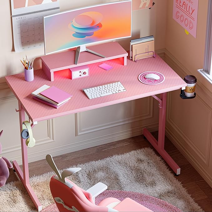 Bestier Small Gaming Desk with Monitor Stand, 42 inch LED Computer Desk, Gamer Workstation with Cup Holder & Headset Hooks, Modern Simple Style Desk for Home Office, Carbon Fiber Pink - LeafyLoom